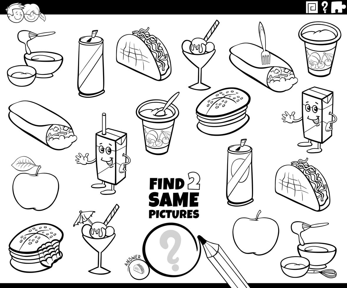 trouver deux mêmes pages de livre de couleurs d'objets alimentaires vecteur
