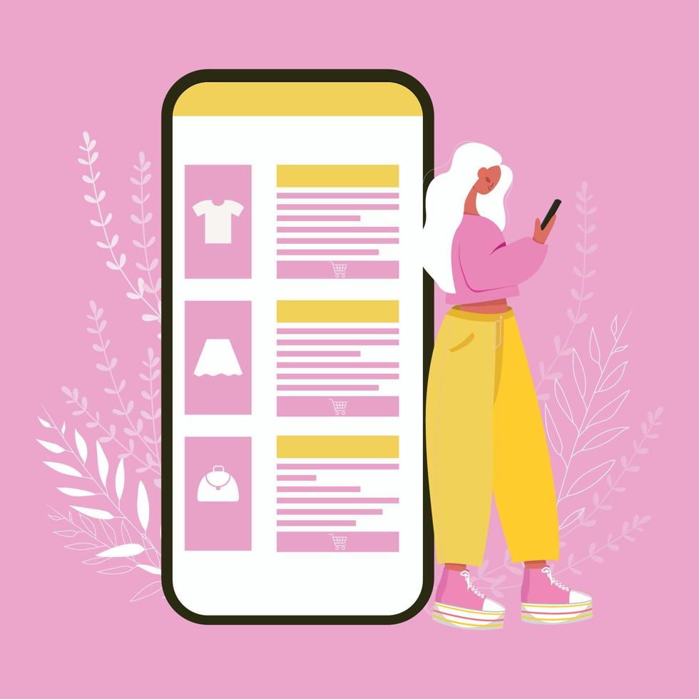 femme faisant des achats en ligne avec un téléphone portable, achetant des vêtements en vente. acheteur utilisant un smartphone, faisant des achats via Internet à la maison. illustration de vecteur plat isolé sur fond blanc