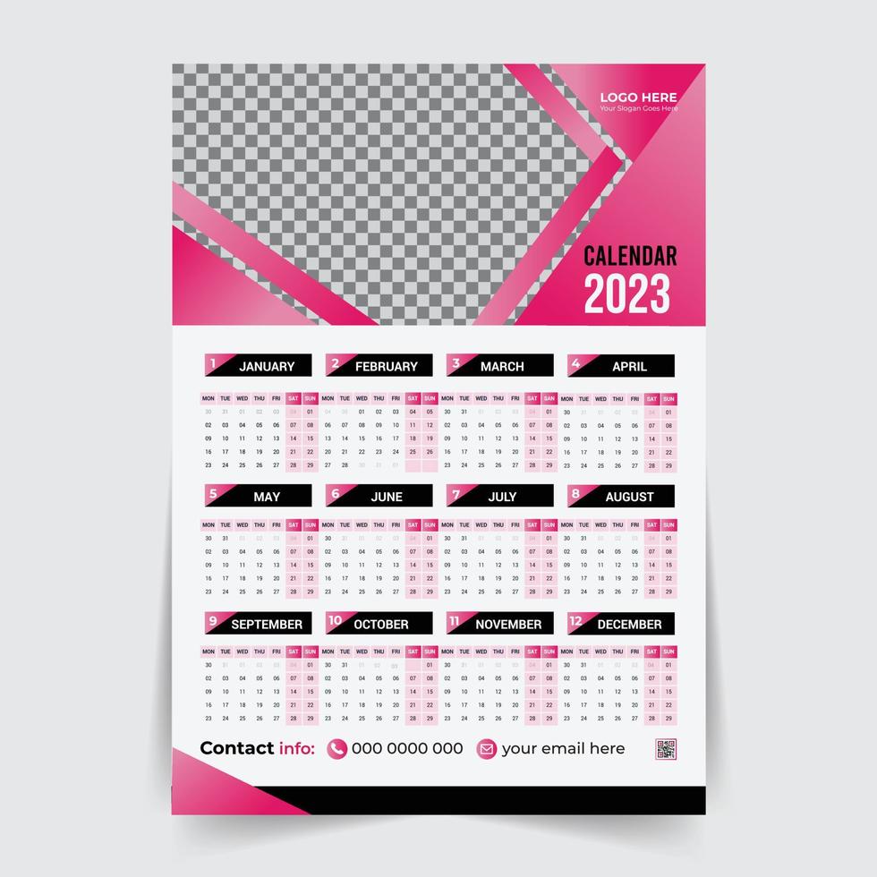 vecteur de modèle de conception de calendrier mural moderne 2023 nouvel an, modèle de conception de calendrier créatif prêt à imprimer de haute qualité