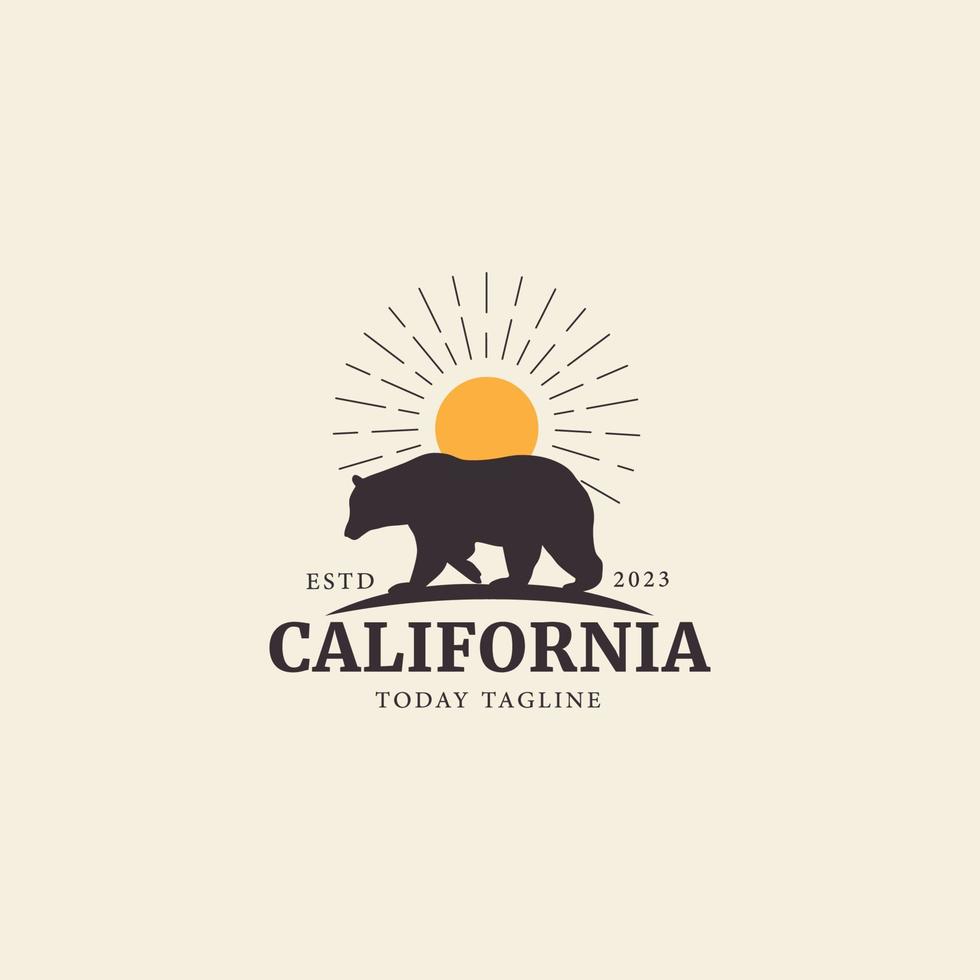 Californie vintage typographie grizzly ours logo vecteur coucher de soleil montagne symbole illustration design pour badge autocollant étiquette marque chemise