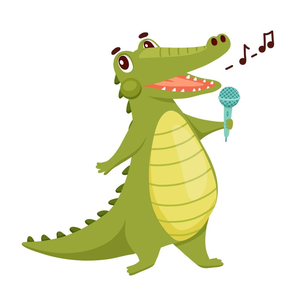 le crocodile mignon est chanteur. alligator drôle avec microphone isolé sur blanc. chanson de chant de personnage animal cartoon vector illustration