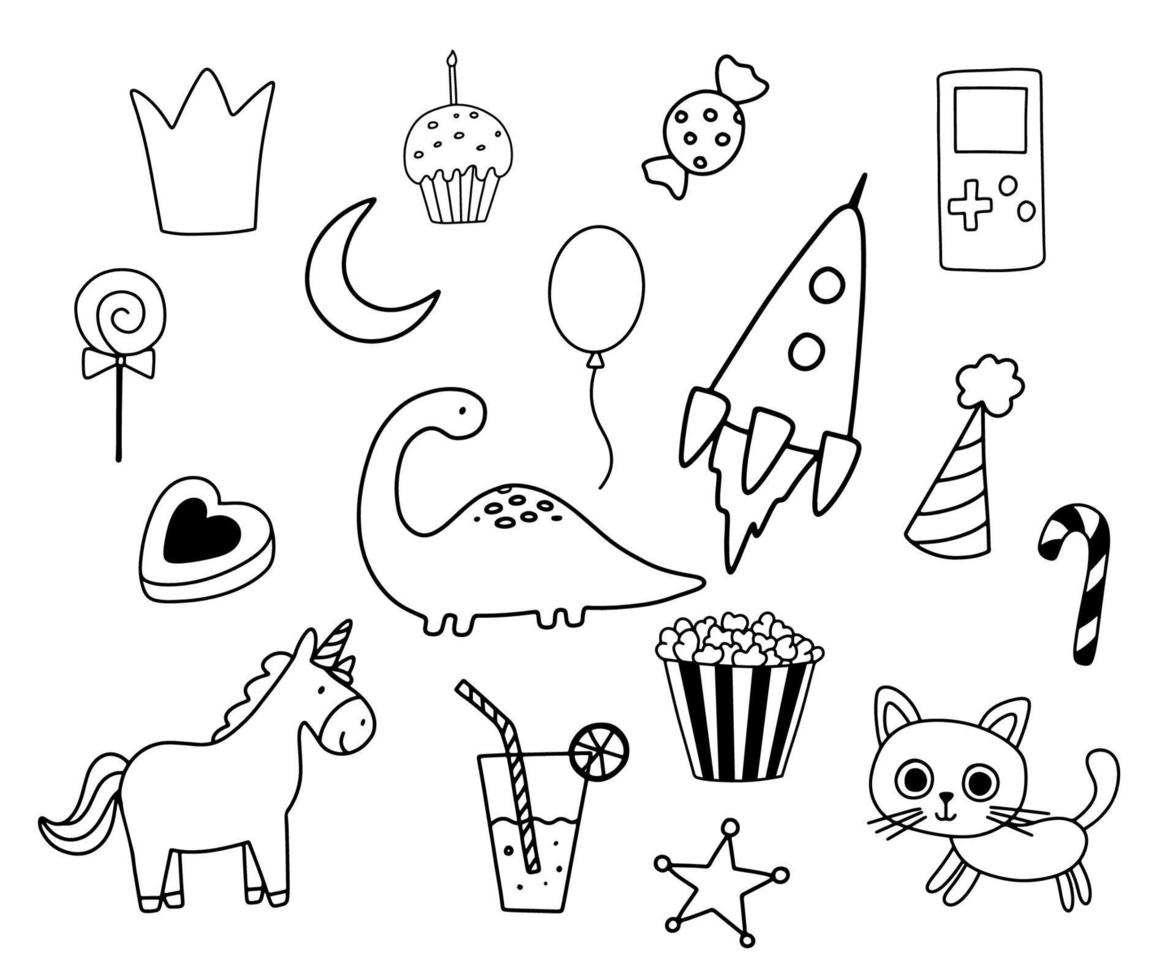 contour mignon licorne drôle, dino, fusée et bonbons pour la page de coloriage. jeu d'illustrations vectorielles de doodle isolé sur fond blanc. vecteur