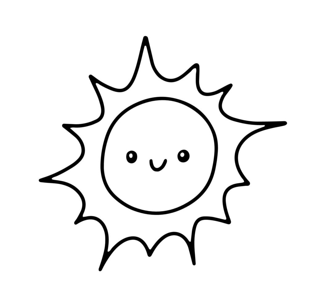 dessin de soleil souriant dessiné à la main de dessin animé mignon. doux vecteur soleil doodle noir et blanc isolé sur fond blanc.