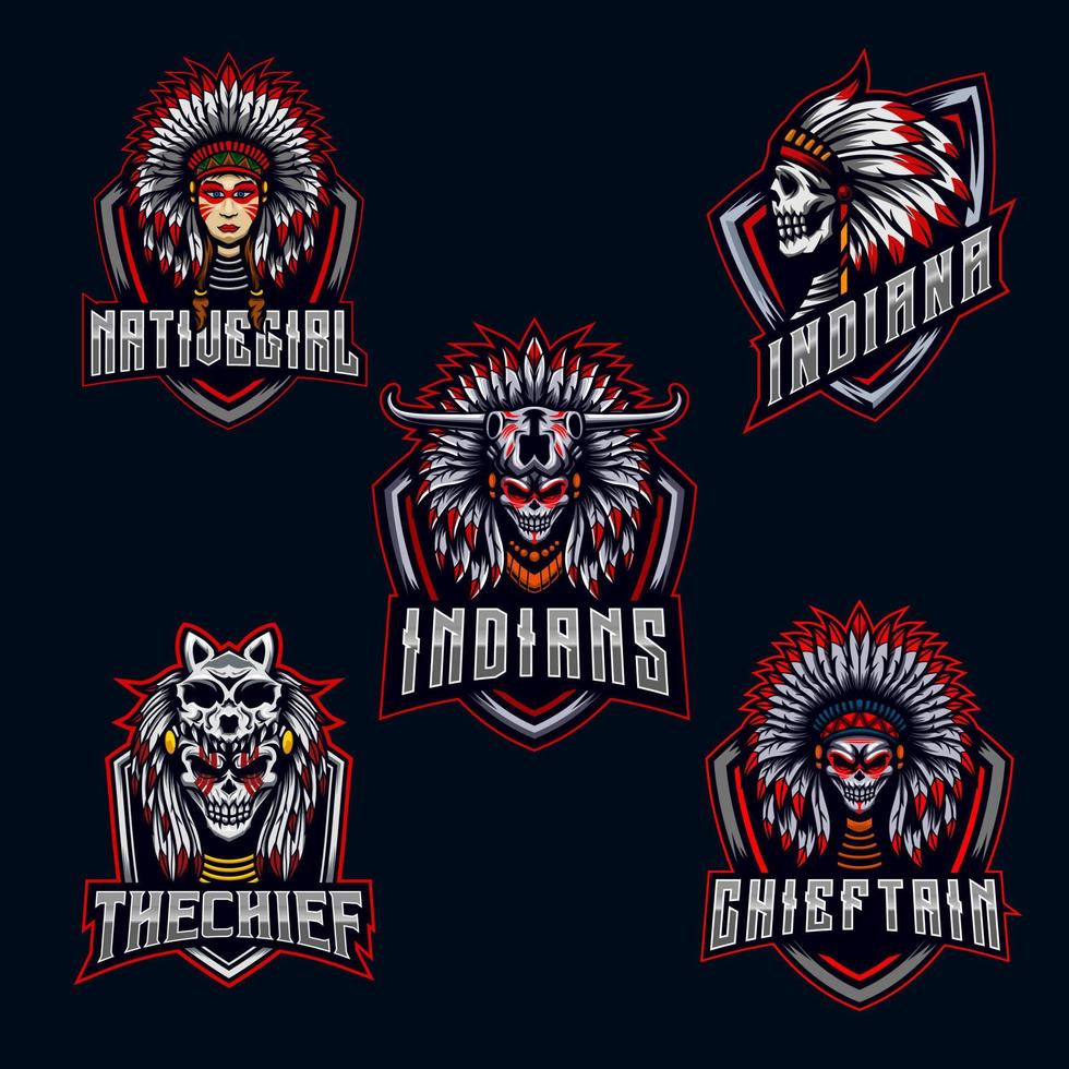 crâne indien jeu de caractères logo e-sport mascotte conception bundle ensemble icône collection illustration vectorielle équipe de jeu vecteur