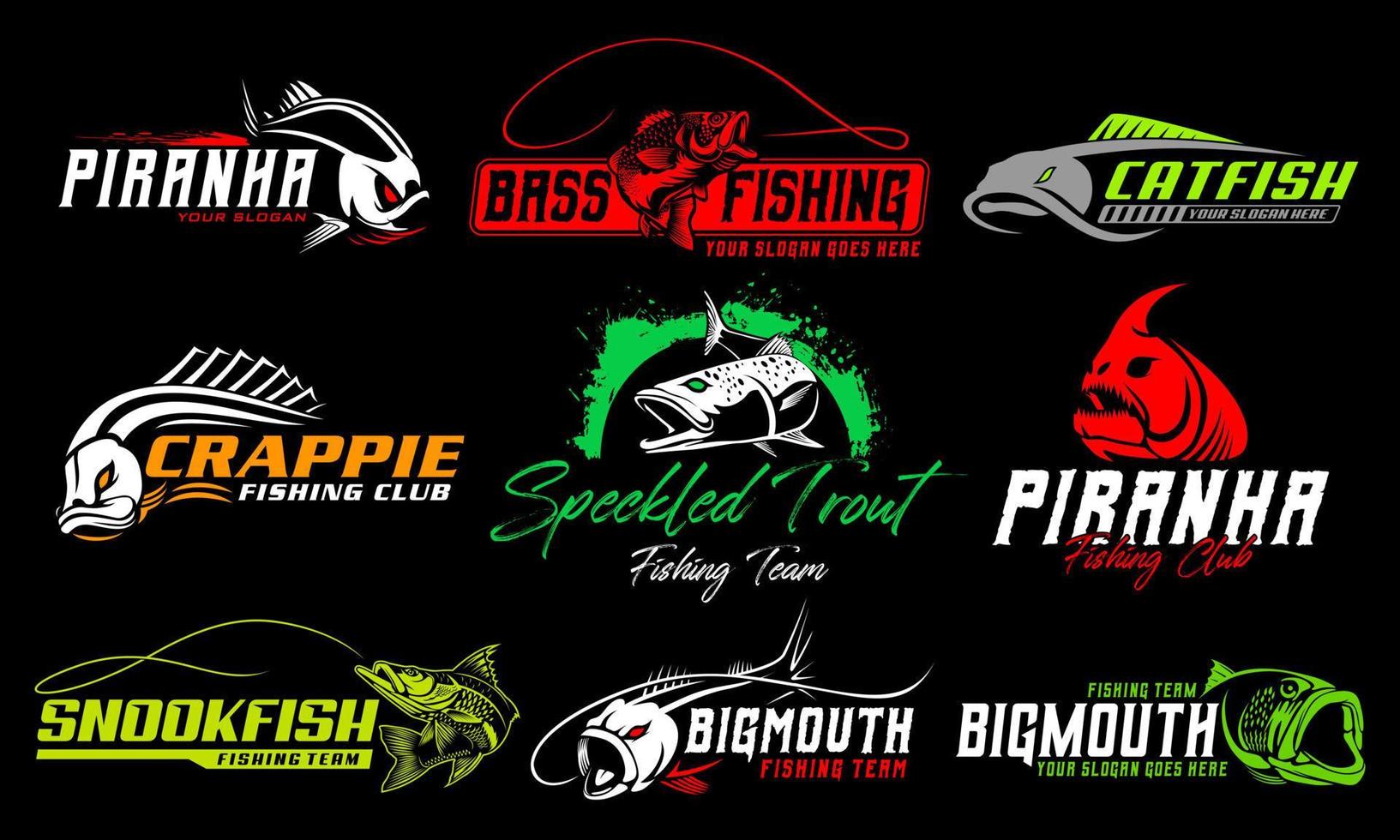 ensemble de logos de pêche au poisson. modèle unique et frais de logo de pêche squelette de poisson. idéal à utiliser comme logo de votre entreprise de pêche. vecteur