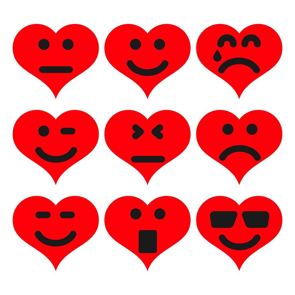 ensemble de neuf coeurs de dessin animé avec émotions. icône emoji dans les symboles de l'amour. illustration vectorielle vecteur