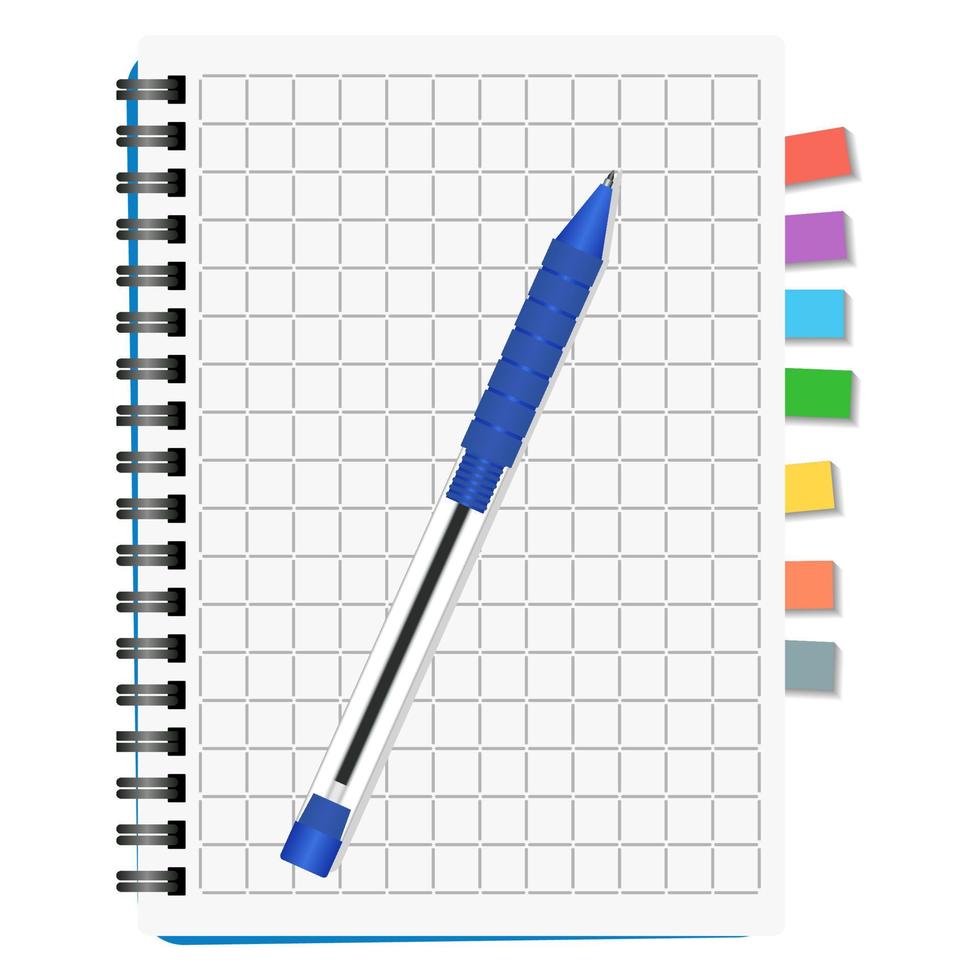 cahier avec signets colorés et stylo bleu sur fond blanc vecteur