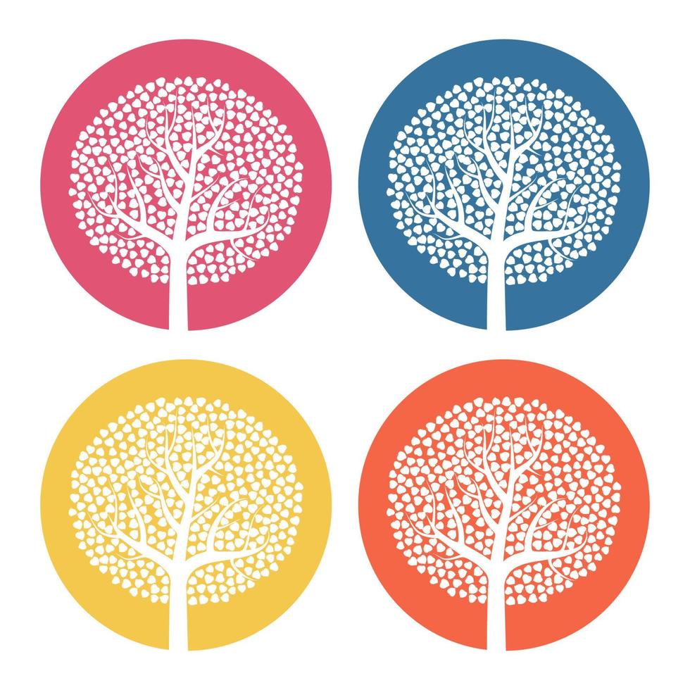 ensemble de quatre arbres blancs avec des feuilles sur fond rond coloré. illustration vectorielle vecteur
