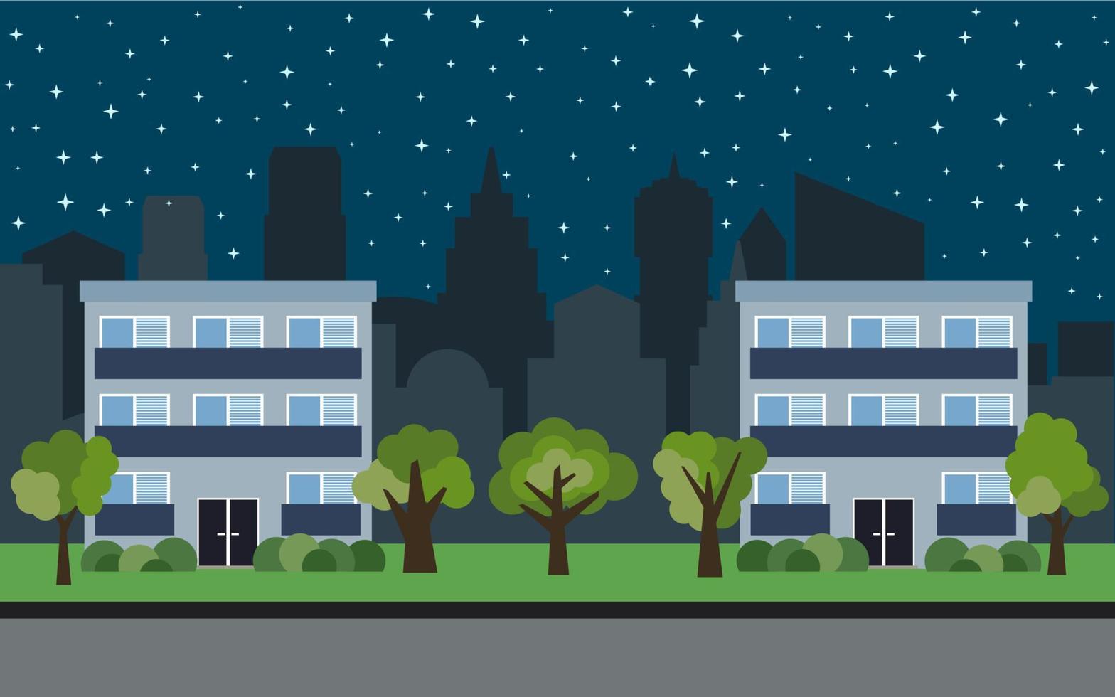 ville vectorielle avec deux maisons de dessin animé de trois étages et des arbres verts la nuit. paysage urbain d'été. vue sur la rue avec paysage urbain en arrière-plan vecteur