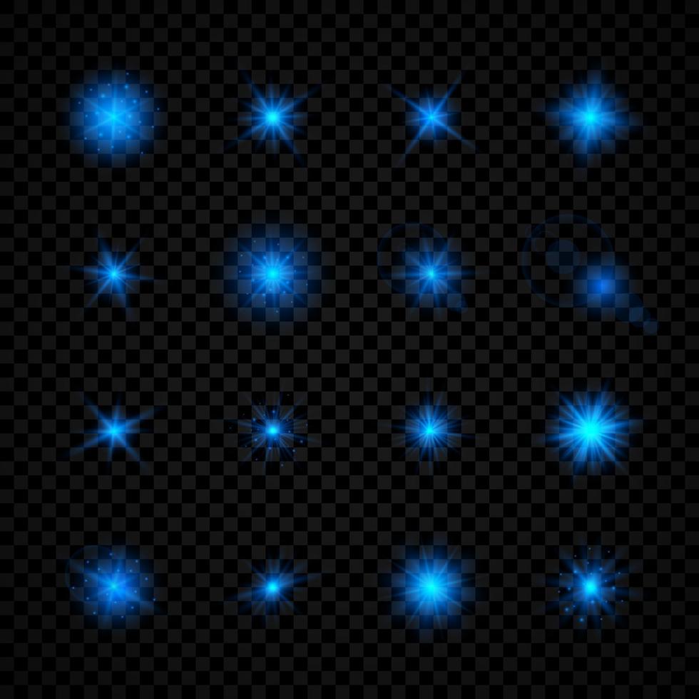 effet de lumière des fusées éclairantes. ensemble de seize effets de starburst de lumières rougeoyantes bleues avec des étincelles sur un fond transparent. illustration vectorielle vecteur