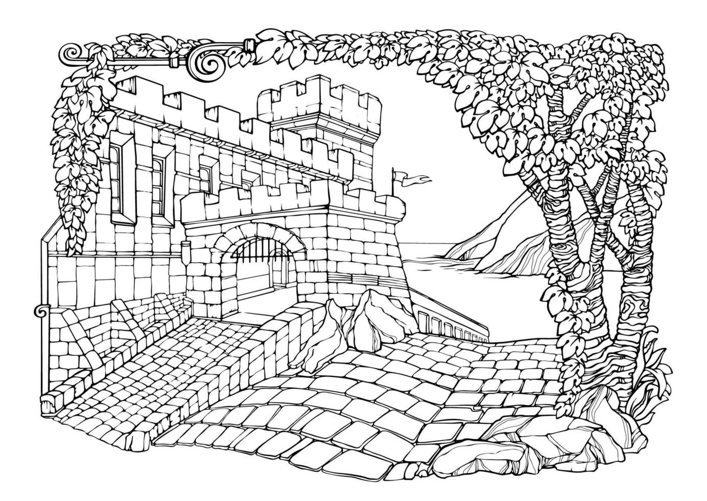 vieille ville romantique. pages de coloriages. château, trottoir, plantes. illustration vectorielle. vecteur