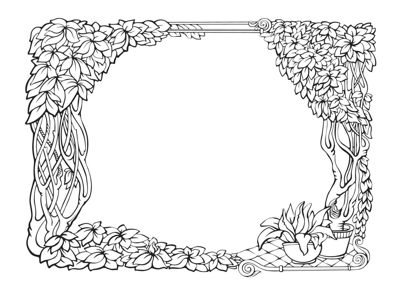 bordure florale avec branches de liane et feuilles tropicales. vecteur de contour.