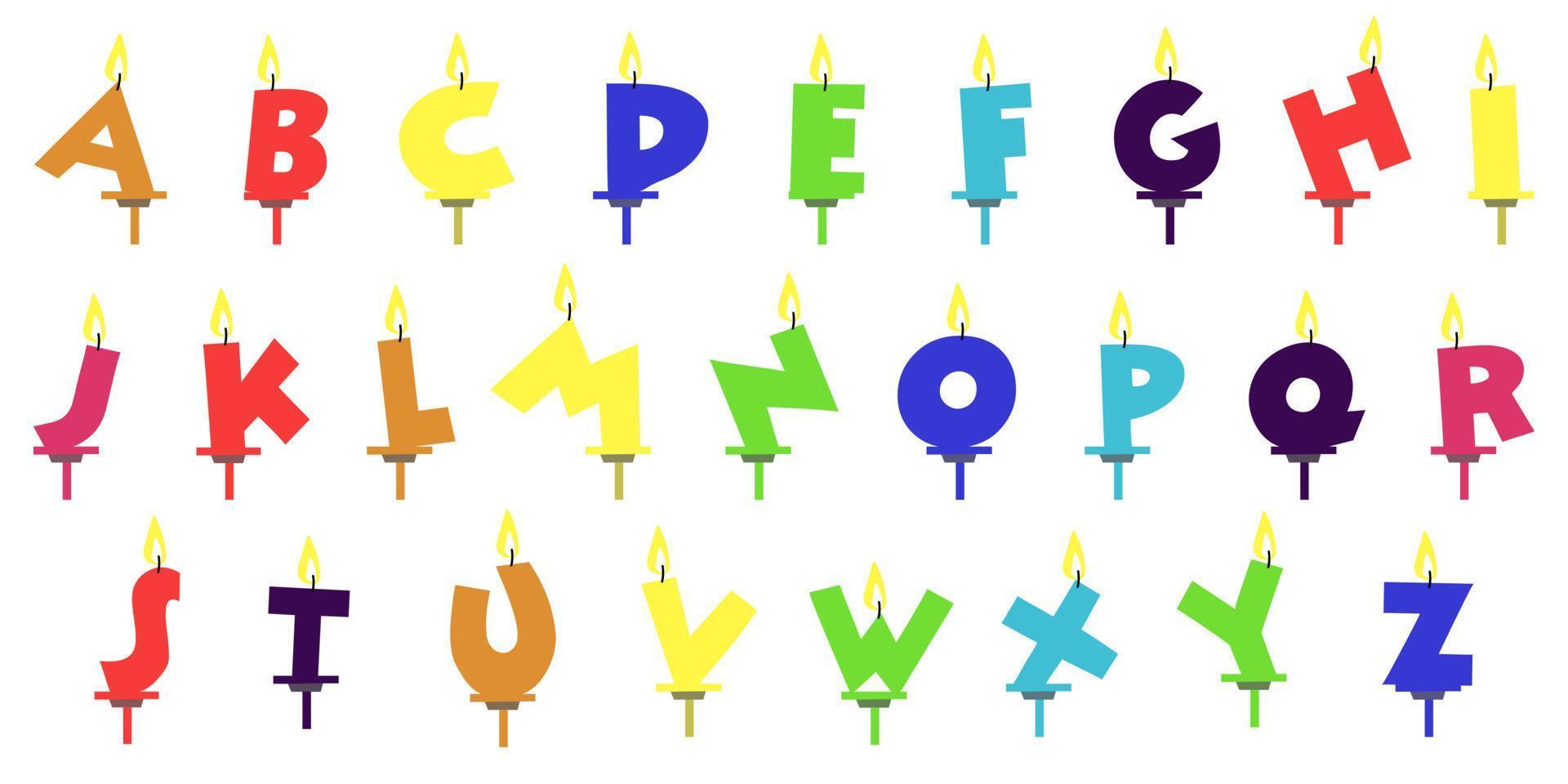 conception de polices colorées de bougies d'anniversaire. lettres et chiffres abc festifs lumineux surlignés en blanc. un ensemble de lettres de l'alphabet anglais. bougies allumées sur le gâteau. nous recueillons tous les mots. vecteur