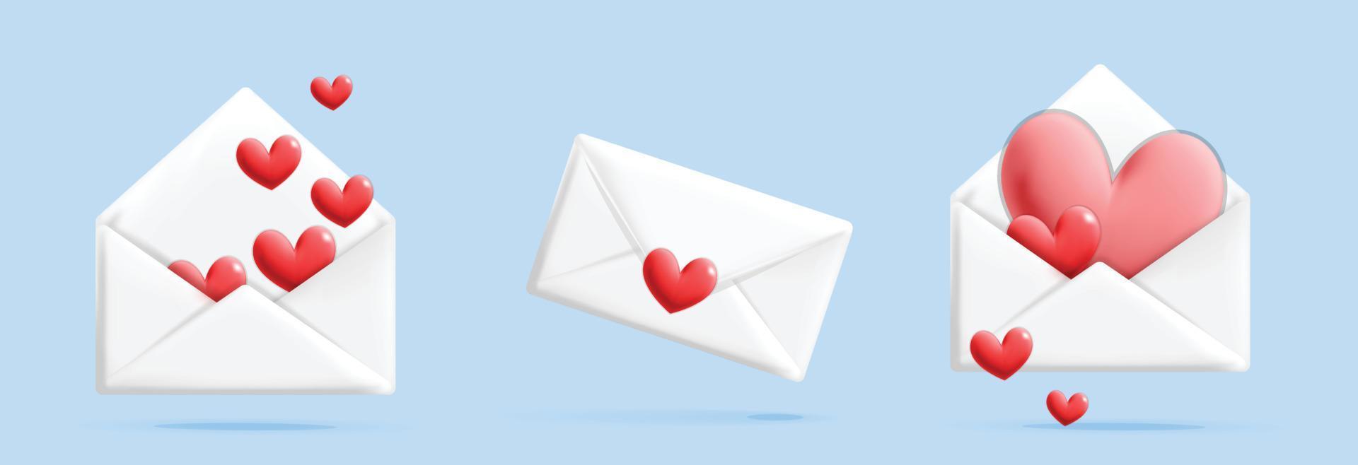 ensemble de 3d vecteur dessin animé mignon style romantique amour saint valentin blanc cadeau mail lettre avec des formes de coeurs à l'intérieur de la conception d'icônes d'enveloppe