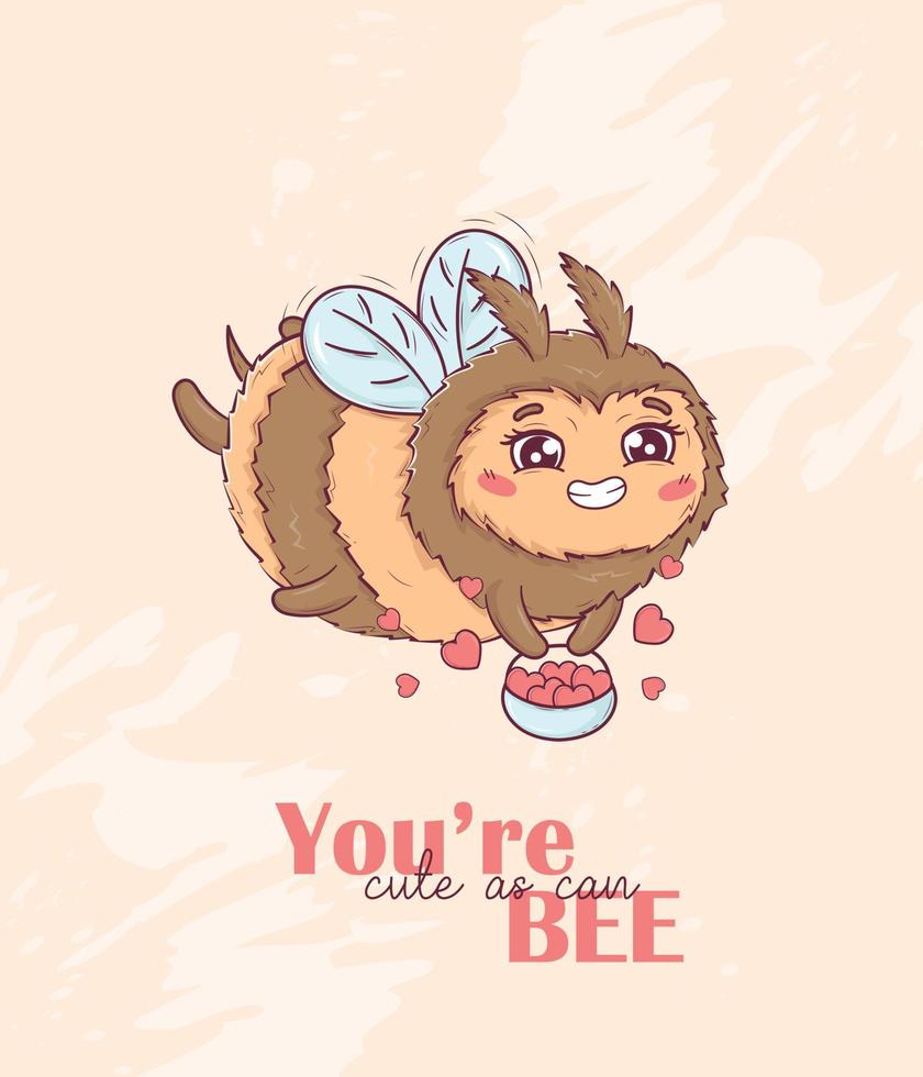 carte de voeux dessin animé mignon abeille amoureuse de la saint valentin avec des énonciations drôles sur le thème des animaux vous êtes mignon comme une abeille vecteur