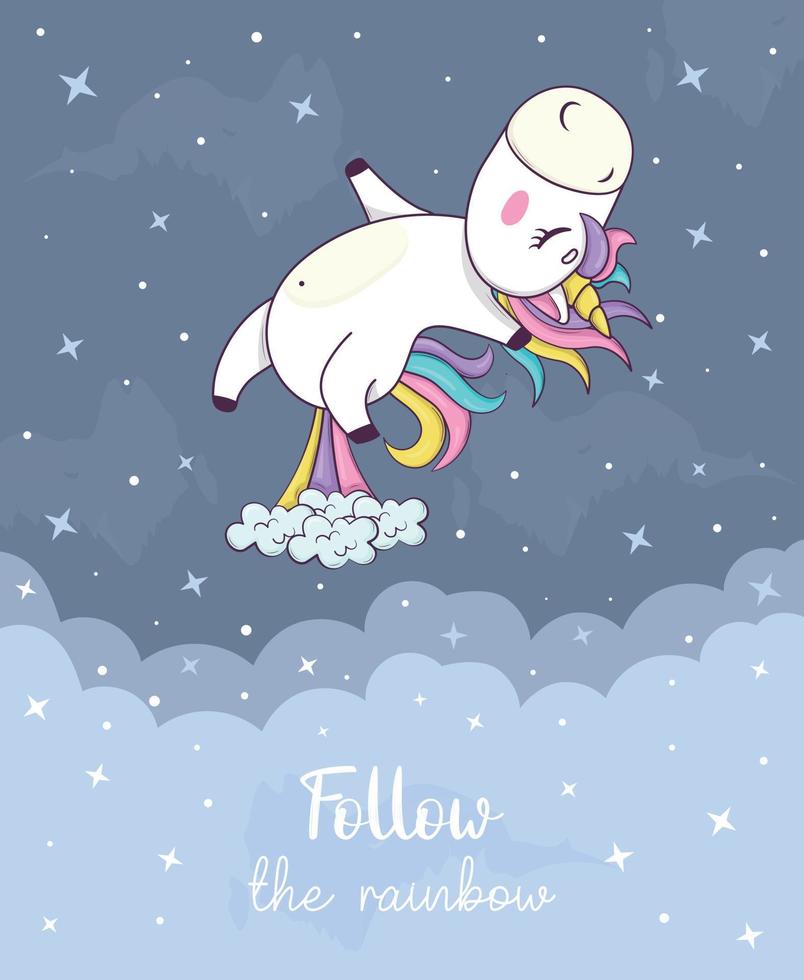 carte avec une licorne kawaii mignonne avec une crinière et une corne arc-en-ciel dans un style anime vecteur