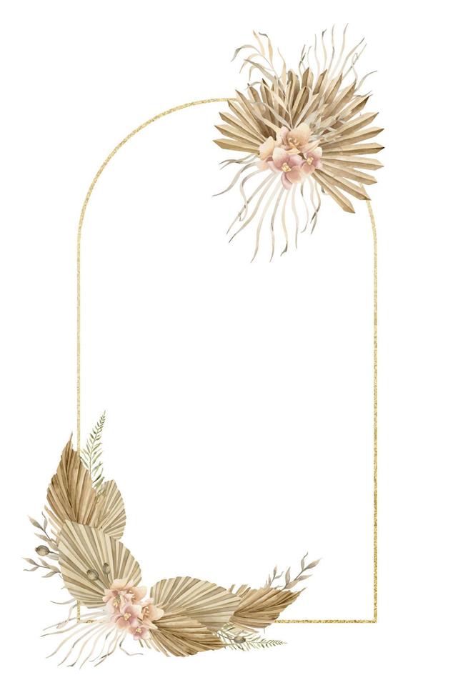 cadre aquarelle floral avec fleurs séchées et feuilles de palmier dans un style bohème. bordure dessinée à la main exotique tropicale bohème sur fond isolé avec ligne dorée. modèle de cartes de voeux ou de mariage vecteur