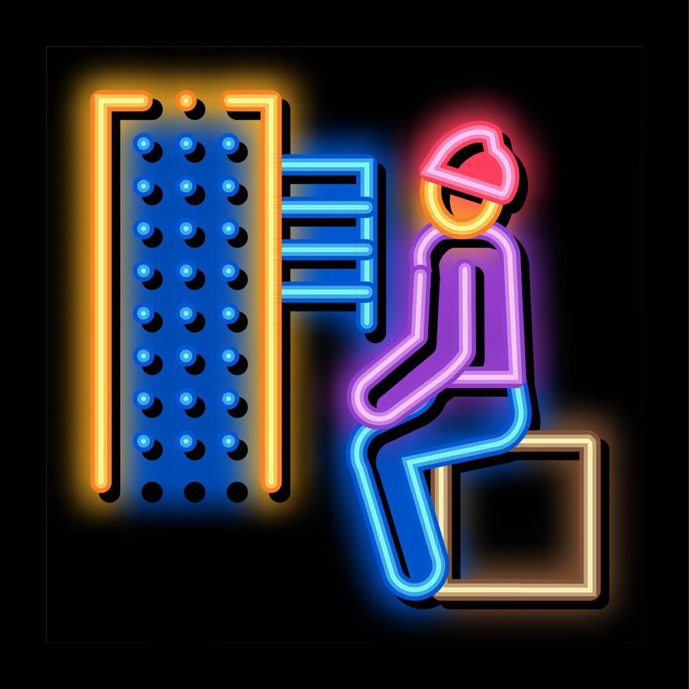 sans-abri assis sur une boîte dans l'illustration de l'icône de lueur au néon de la ville vecteur