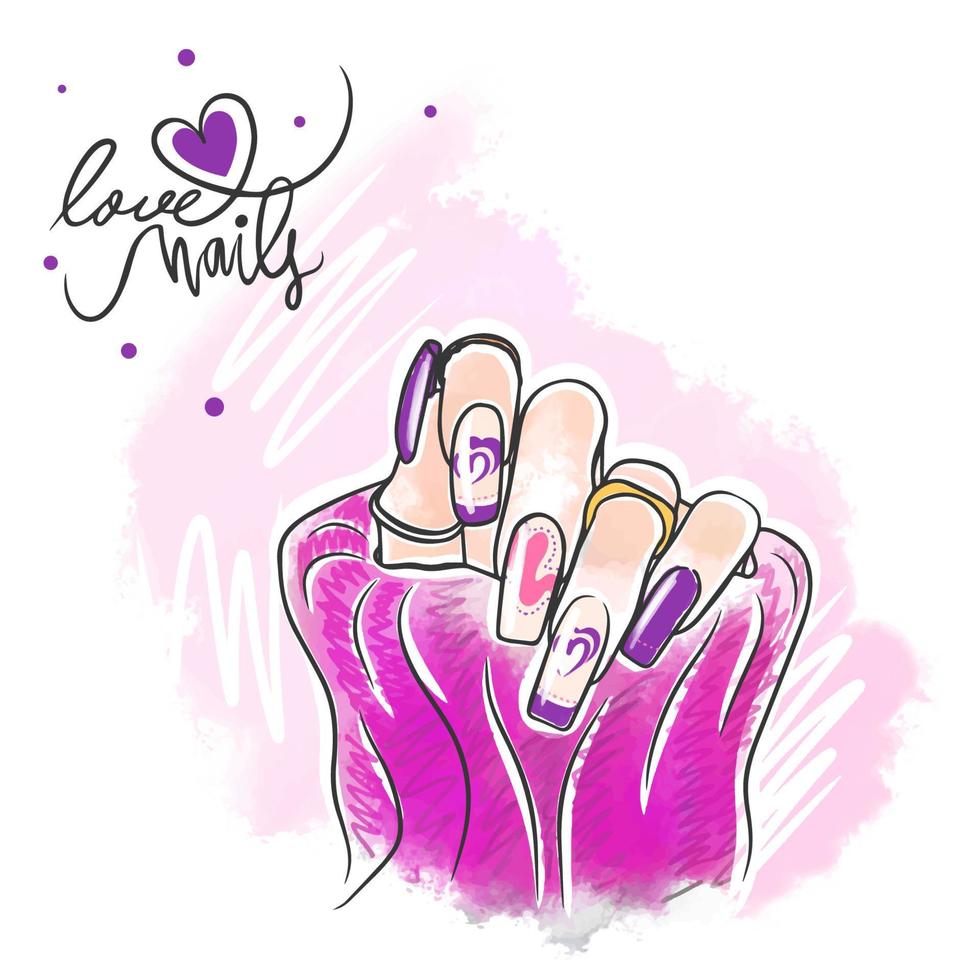 conception d'ongles violets et roses à la mode, ongles longs, ongles d'amour, manucure vecteur