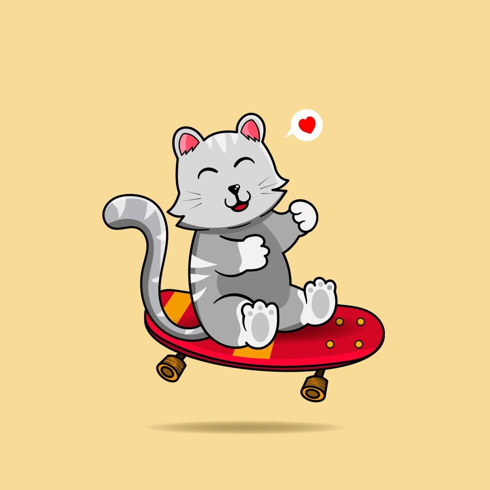 chat mignon assis sur une planche à roulettes. concept de mascotte de personnage animal mignon. vecteur