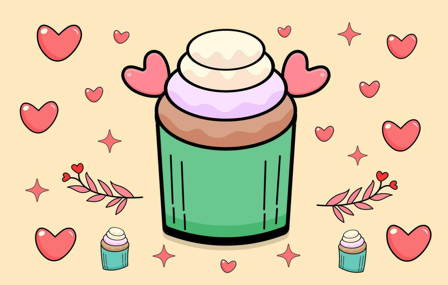cupcake rose avec un coeur d'amour gratuit, illustration vectorielle de vecteur de couleur de cupcake, isolé, objet, vecteur, plat, style dessin animé