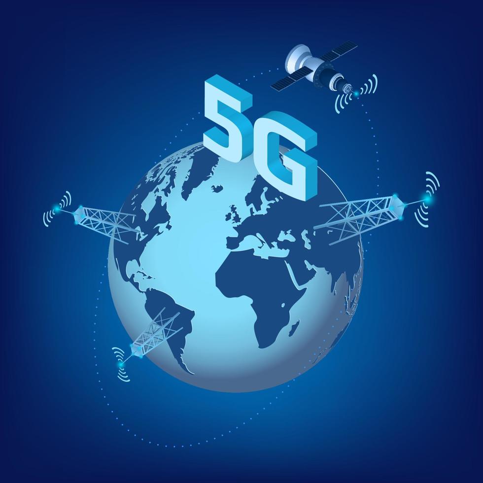 Technologie 5g lte de transmission de données à grande vitesse avec satellite isométrique volant autour de la planète terre et tours de transmission. élément de conception pour site Web ou bannière. illustration vectorielle. vecteur