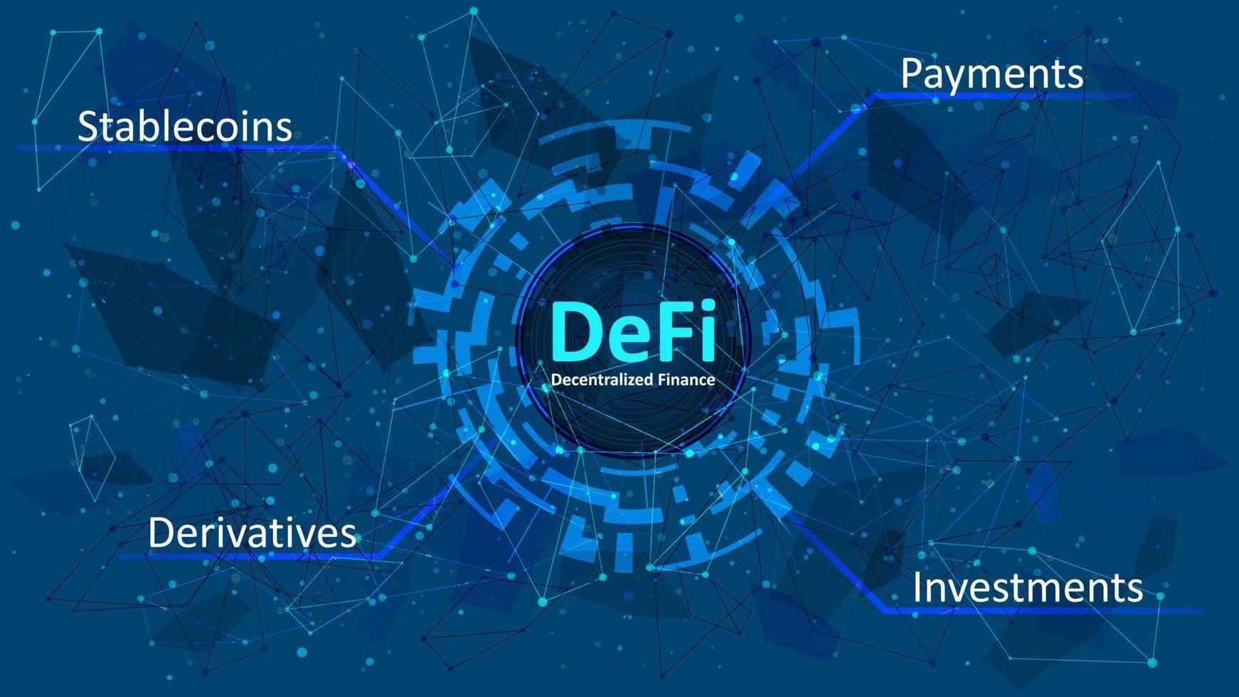 defi - finance décentralisée dans un cercle numérique sur fond polygonal abstrait bleu foncé. un écosystème d'applications et de services financiers basés sur des blockchains publiques. vecteur eps 10.