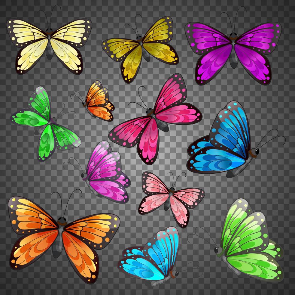 ensemble de papillon de couleur différente sur fond transparent vecteur