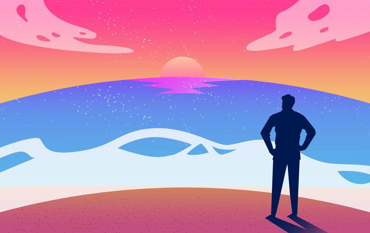concept de paysage de mer et de plage. homme silhouette profiter de la beauté du coucher de soleil sur la plage d'été. illustration vectorielle vecteur