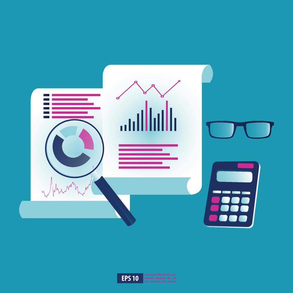 analyser les données de l'entreprise avec l'outil d'élément de papeterie de bureau. illustration vectorielle de concept d'entreprise vecteur