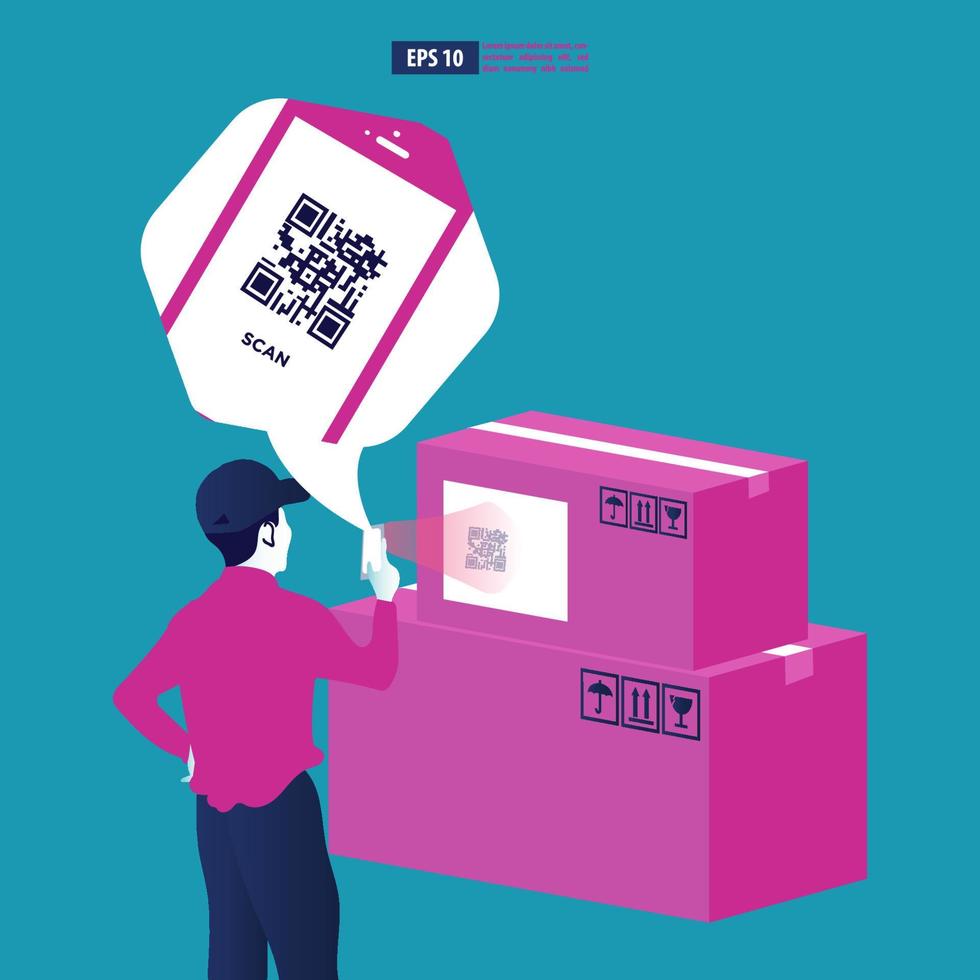 le travailleur fait un scan qr sur la pile de boîtes. illustration vectorielle d'affaires vecteur