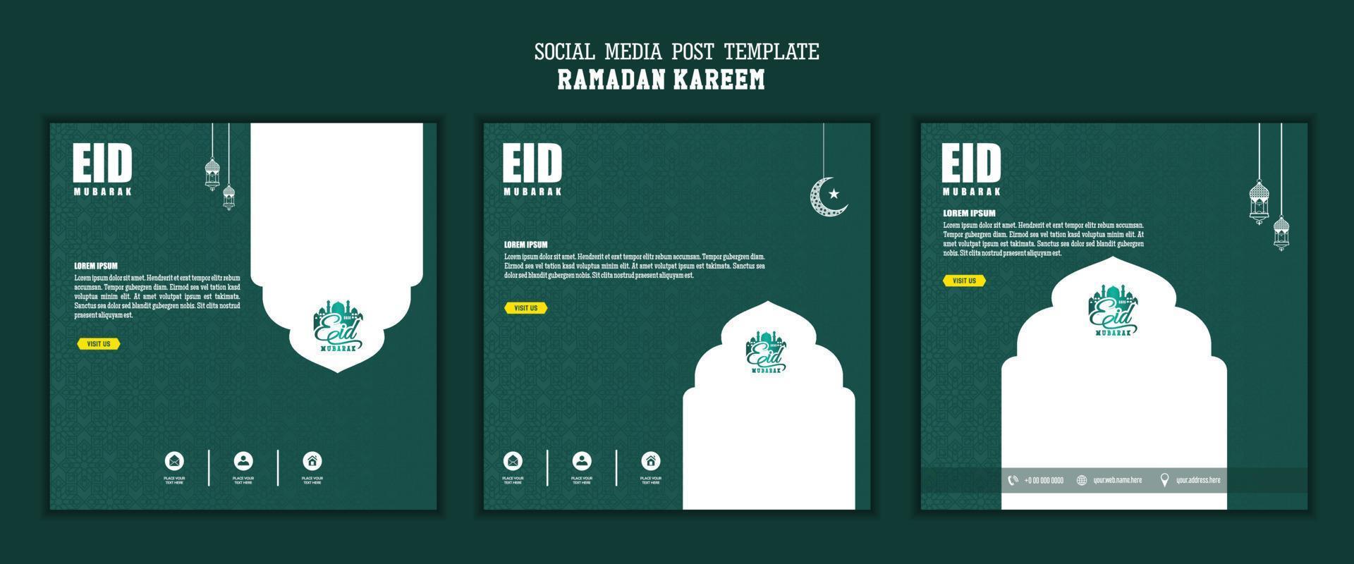 ensemble de modèle de publication sur les médias sociaux, fond carré de couleur verte et conception d'ornement simple pour la fête islamique vecteur