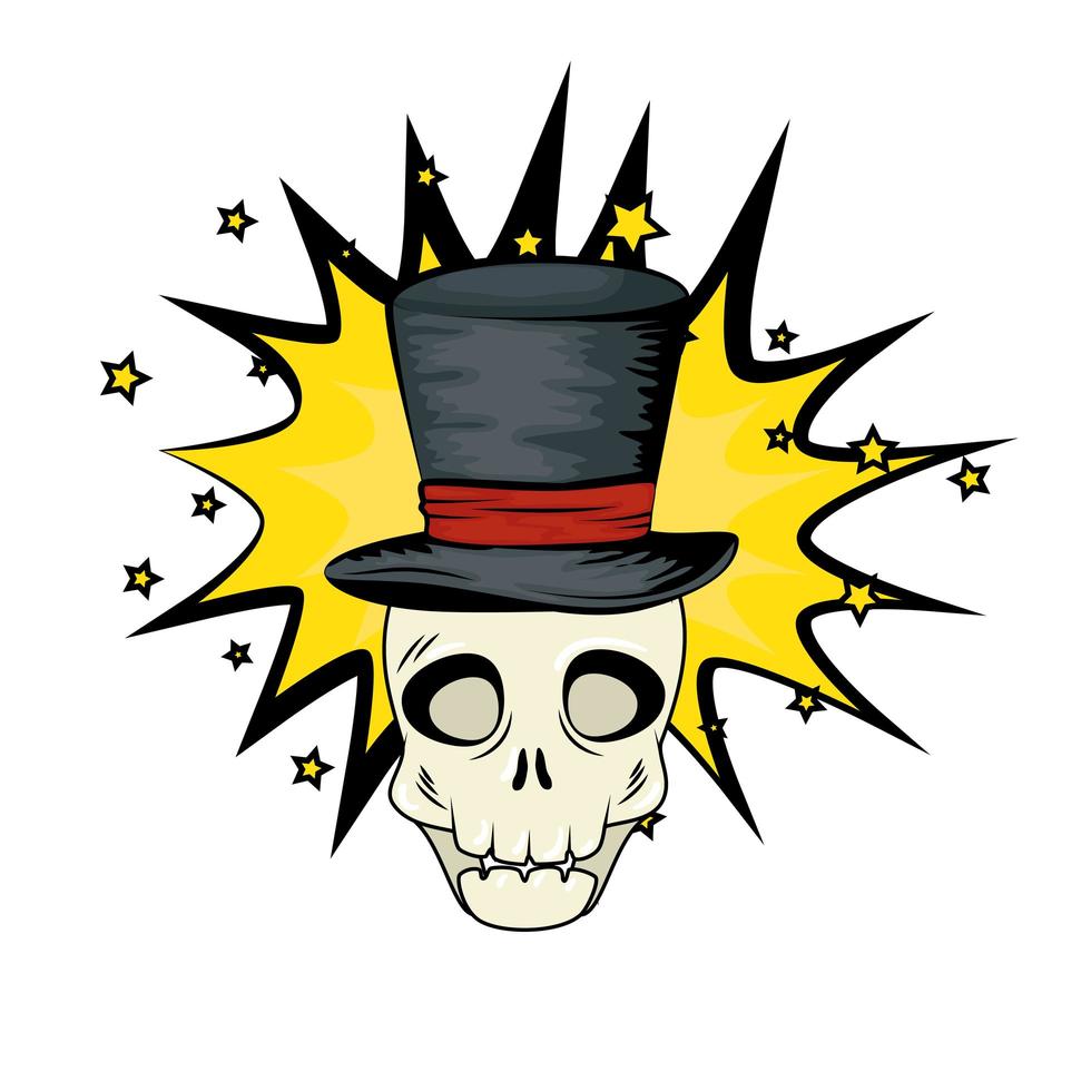 crâne d'halloween pop art avec chapeau haut de forme vecteur