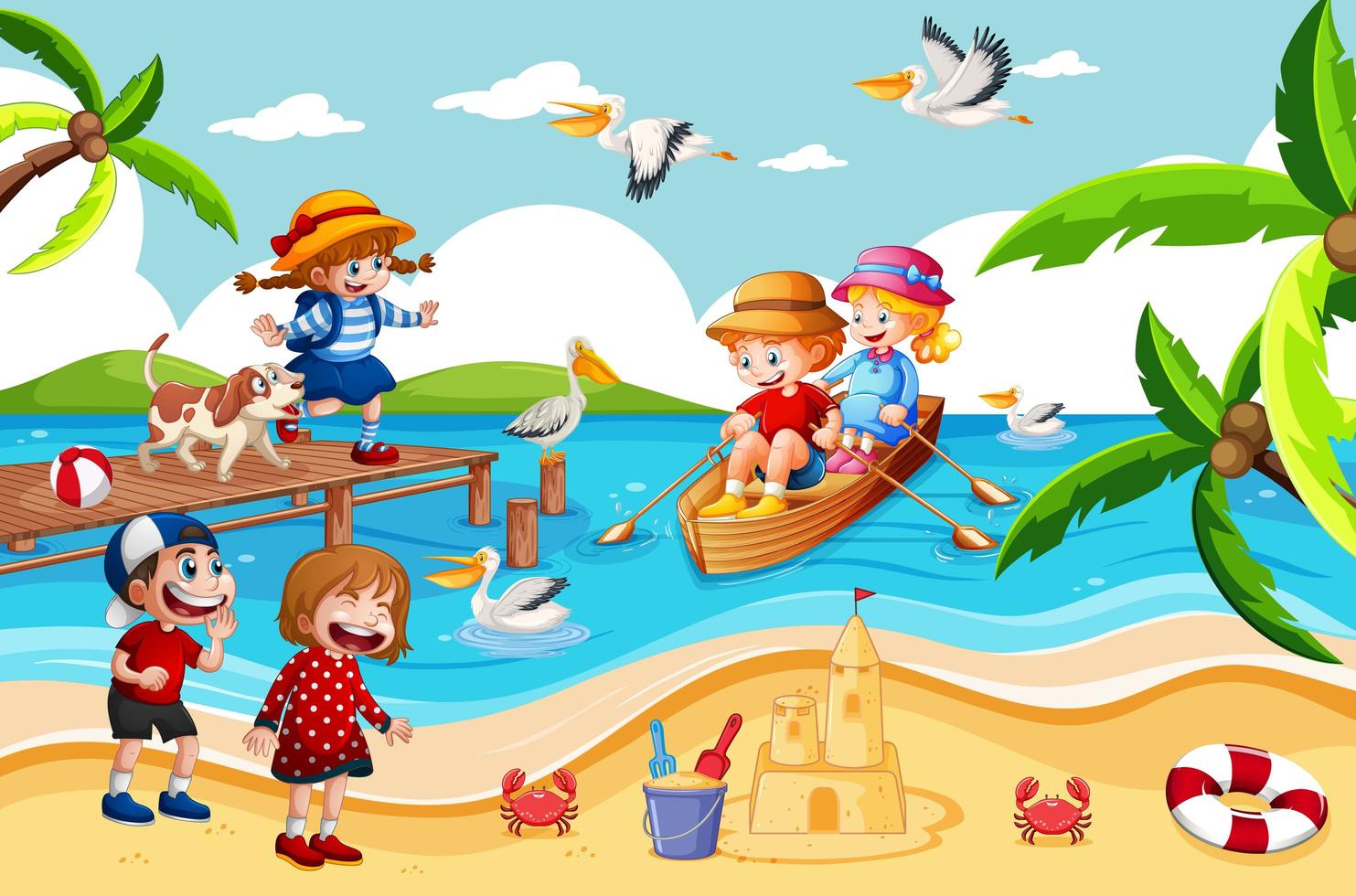 enfants rament le bateau dans la scène de la plage vecteur