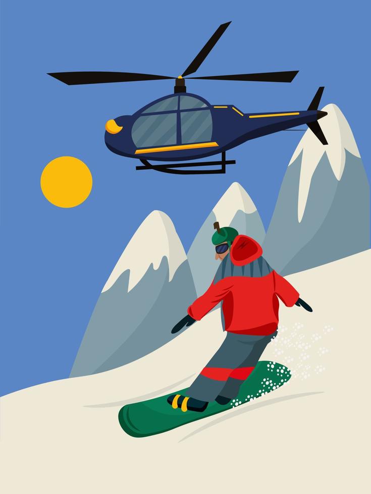 snowboarder sur le versant de la montagne. héliski. sports d'hiver. ski. trajet gratuit. illustration vectorielle vecteur