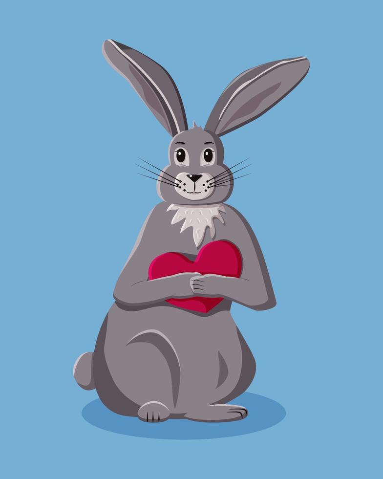 vecteur romantique heureux lapin gris avec coeur rouge sur fond bleu. personnage de dessin animé plat isolé