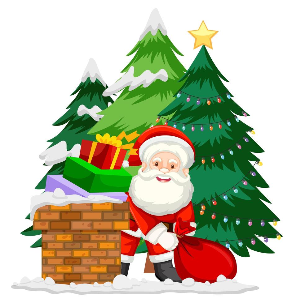 Père Noël dans la cheminée avec de nombreux cadeaux sur fond blanc vecteur