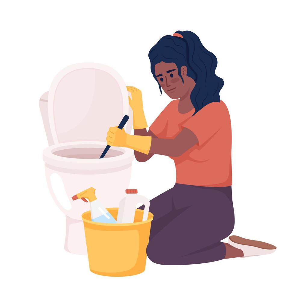 femme nettoyant les toilettes avec une brosse et des détergents caractère vectoriel de couleur semi-plat. figure modifiable. personne de tout le corps sur blanc. illustration de style dessin animé simple pour la conception graphique et l'animation web