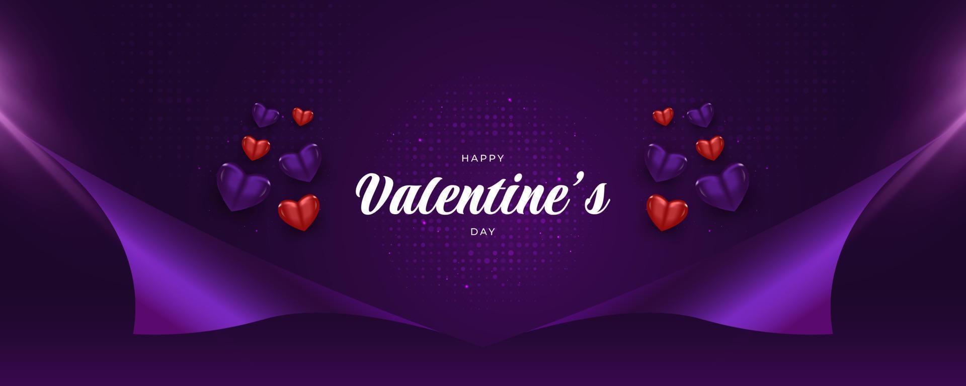 bannière de la saint-valentin avec illustration de coeur mignon isolée sur fond violet et concept de papier d'emballage. éléments de décoration de la saint valentin vecteur