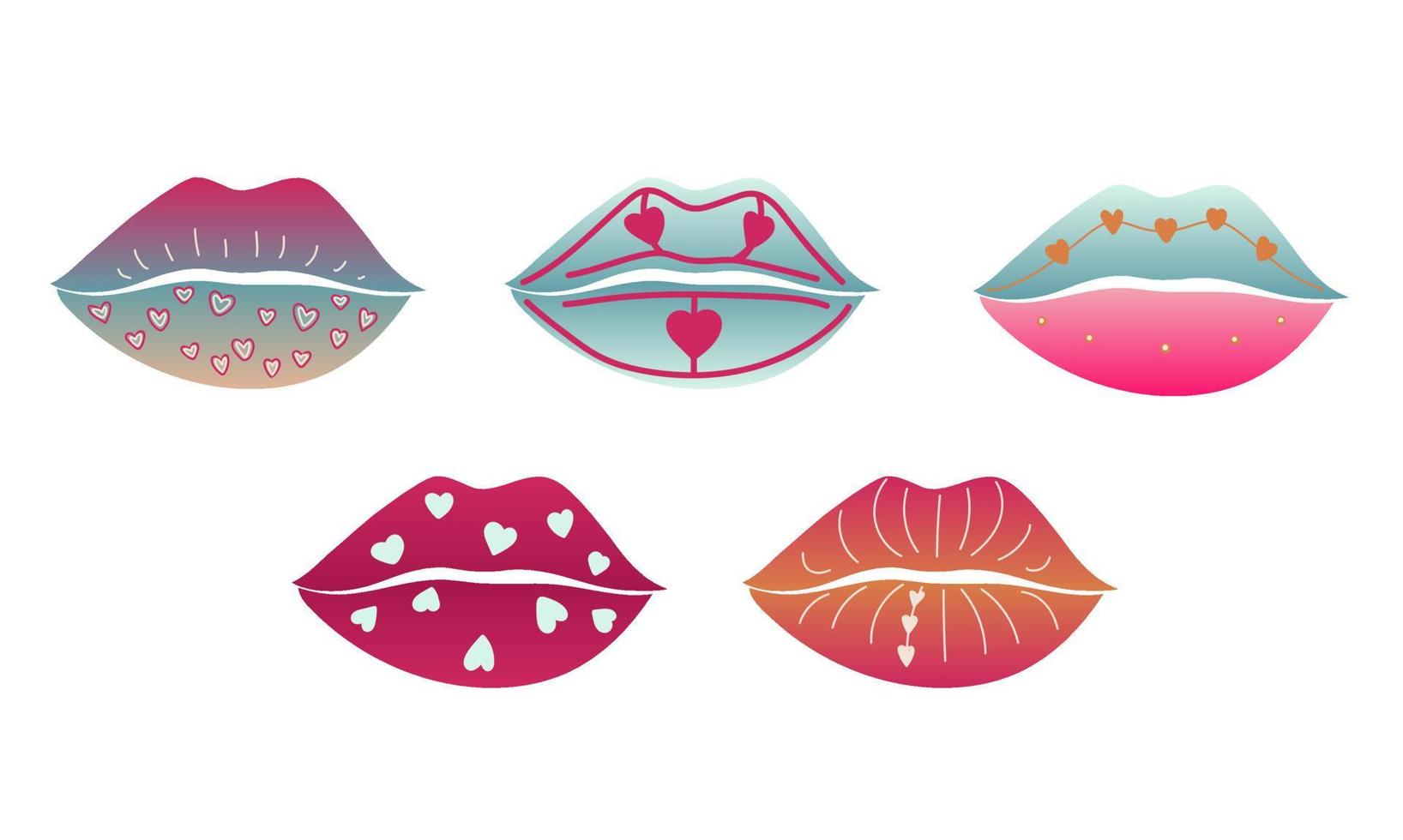 collection de lèvres féminines. illustration vectorielle des lèvres de la femme sexy. sourire, embrasser. concept de beauté, pop art, arrière-plan tendance. vecteur