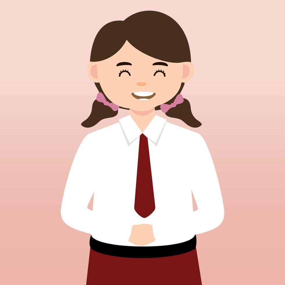 élève de l'école primaire fille et garçon portant l'uniforme rouge et blanc. illustration de vecteur de dessin animé. portrait d'un élève du primaire. écoliers enfants avec sacs à dos, livres, macbook.