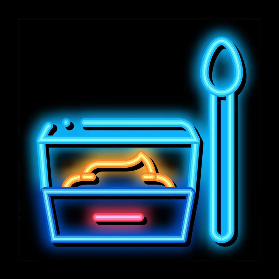 récipient avec de la nourriture et une cuillère illustration d'icône de lueur au néon vecteur