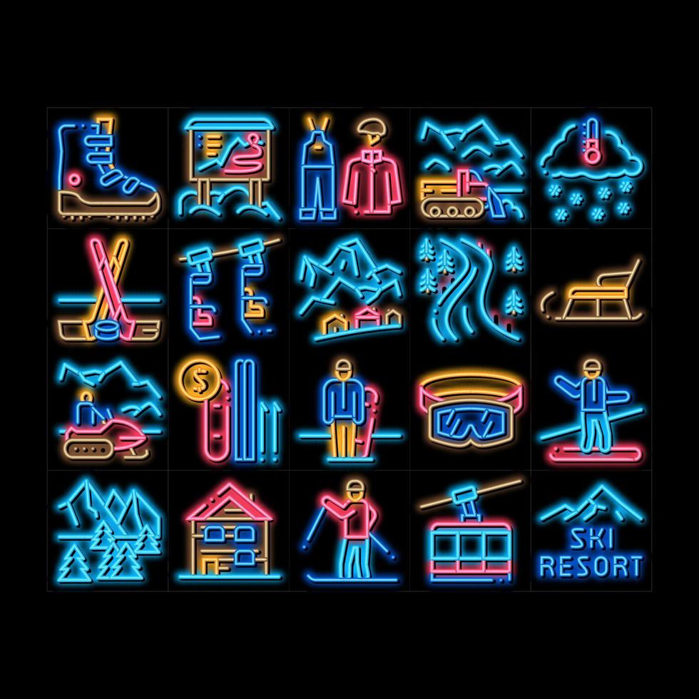 station de ski vacances néon lueur icône illustration vecteur