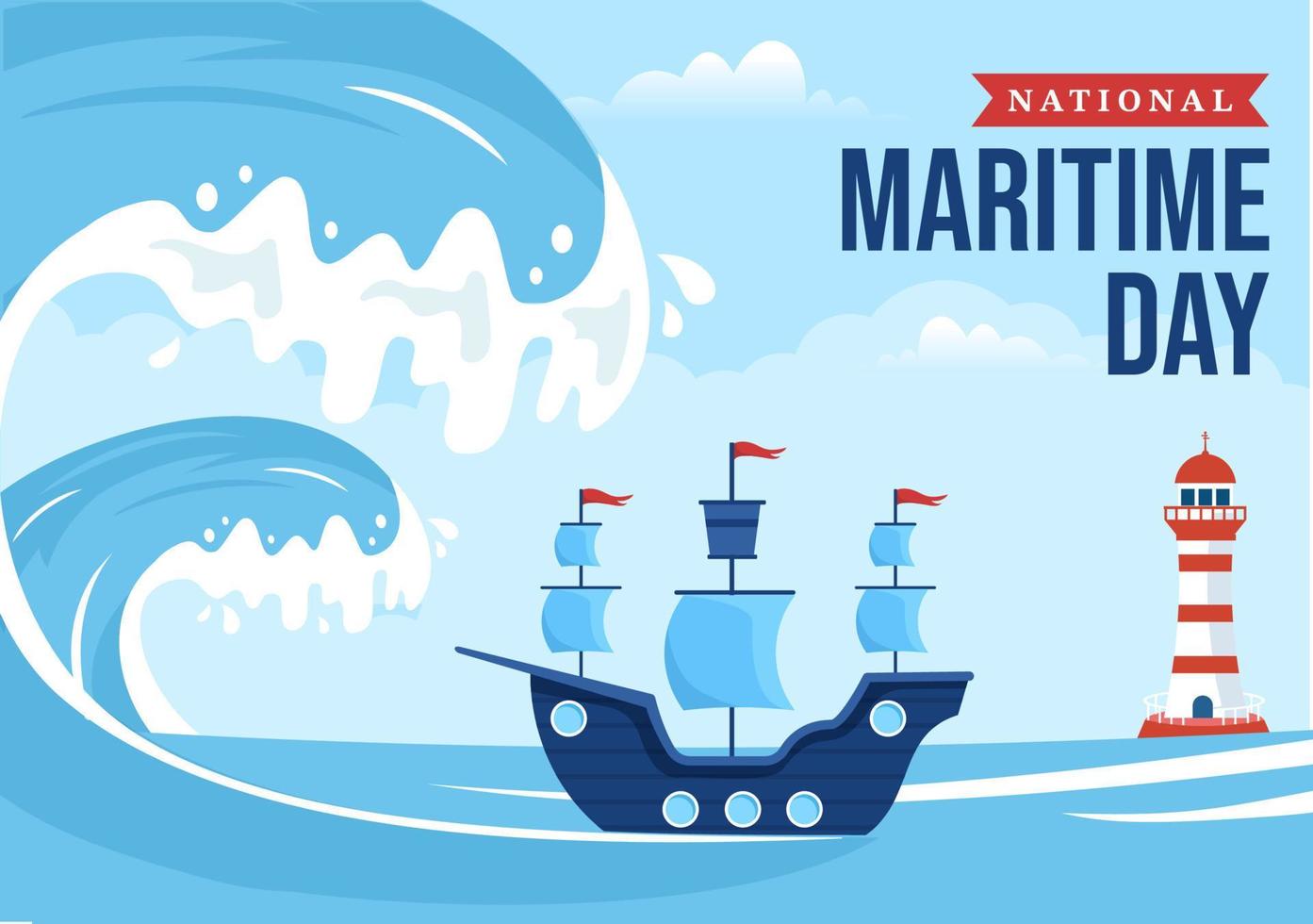 illustration de la journée maritime mondiale avec mer et navire pour bannière web ou page de destination dans des modèles dessinés à la main de dessin animé de célébration nautique bleu plat vecteur