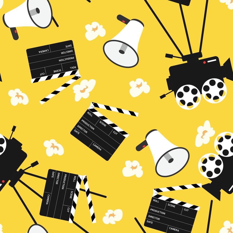 modèle de production cinématographique sans couture sur fond jaune. avec mégaphone, trompette parlante, porte-voix, caméra, clap et pop-corn. vecteur