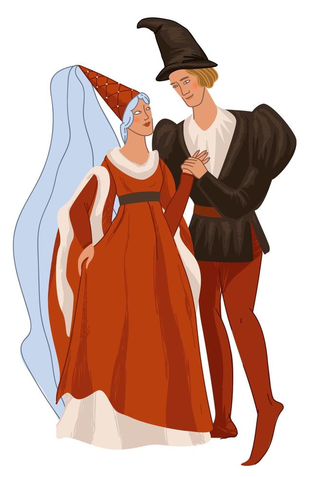 couple médiéval, homme et femme en costumes anciens vecteur