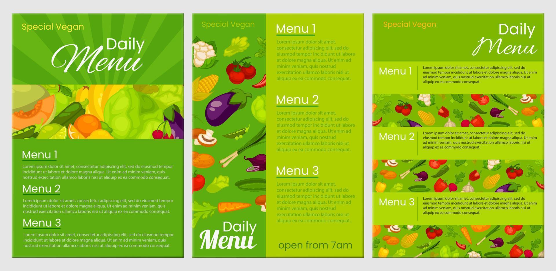 ensemble de maquette de brochure de menu spécial végétalien vibrant vecteur