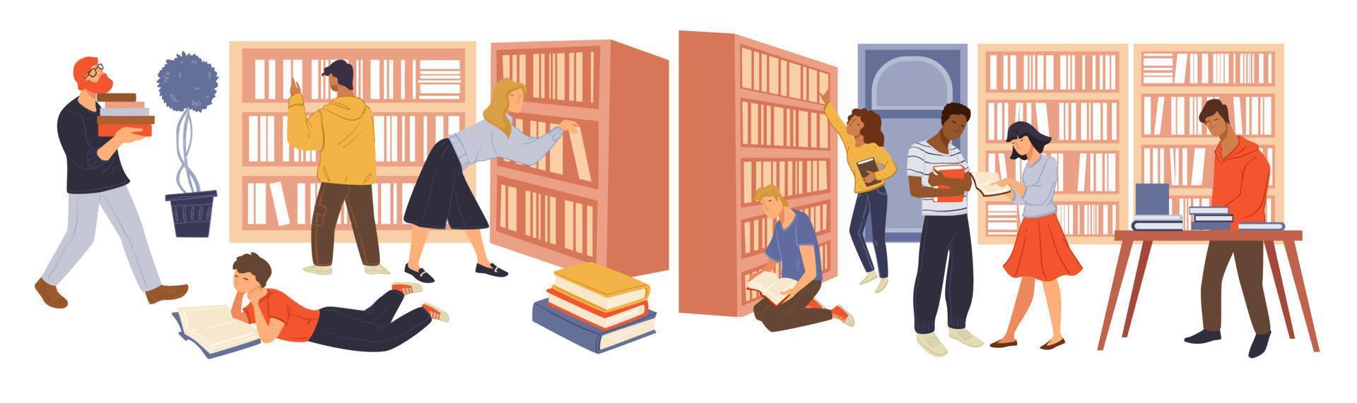 les personnes à la recherche de livres dans la bibliothèque ou les magasins vecteur