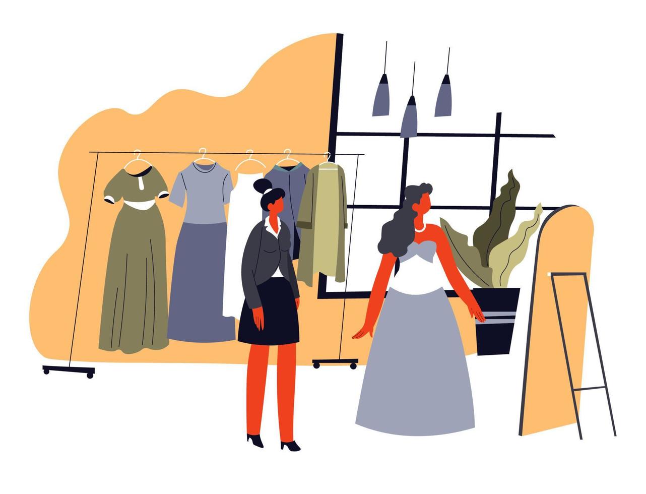 femme choisissant une robe en boutique, shopping de vêtements vecteur