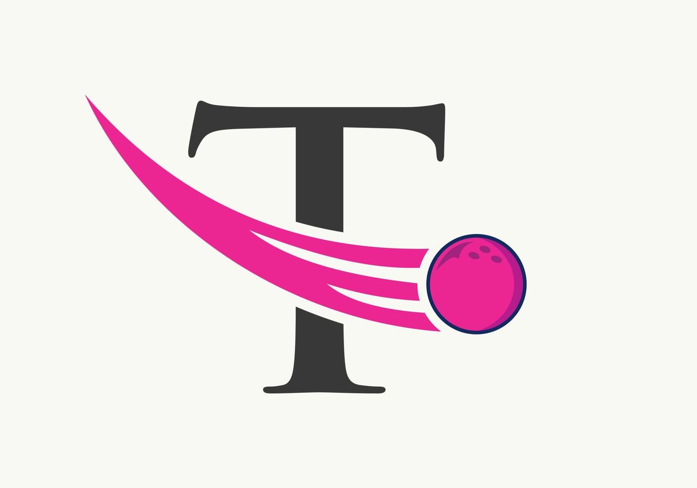 logo de bowling lettre t. symbole de boule de bowling avec modèle de vecteur de boule en mouvement